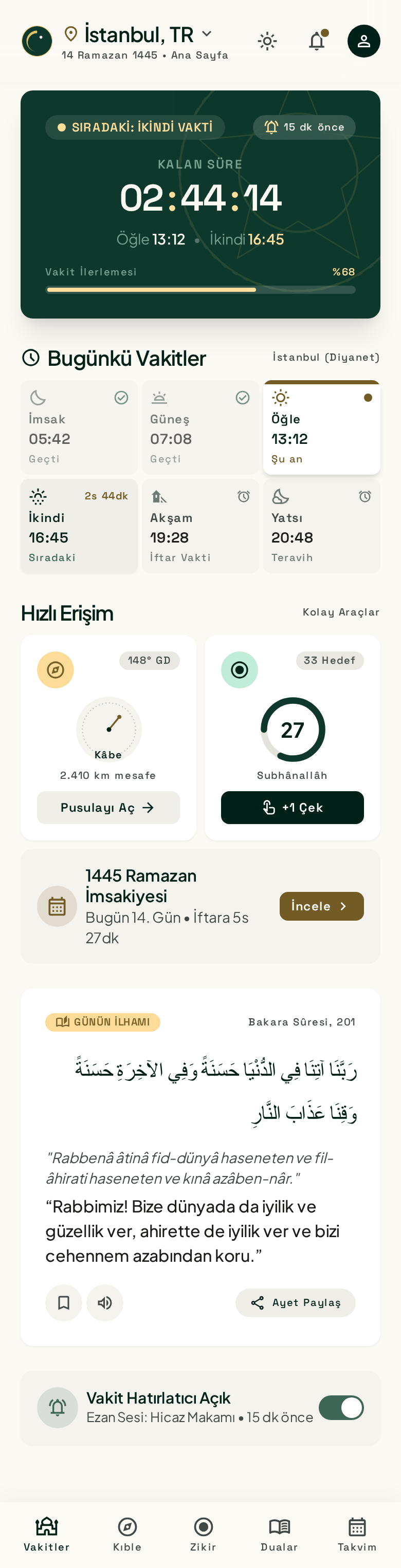 Namazla Ana Sayfa Ekranı